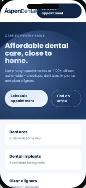 Aspen Dental homepage on mobile